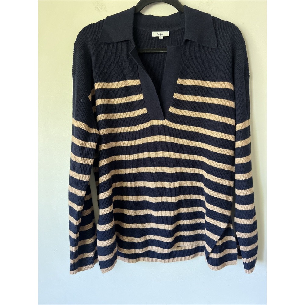 Rails Harris Camel Navy Stripe Collared Wool Cashmere Sweater Size S